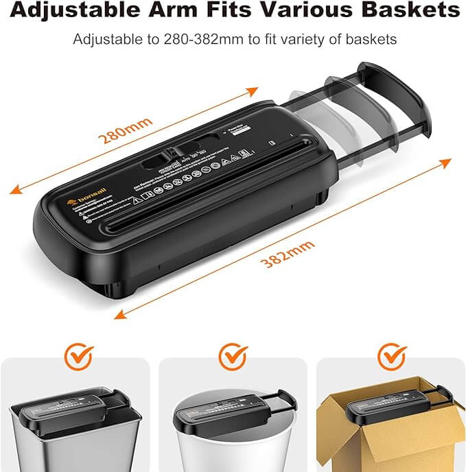 Bonsaii Distruggi documenti con braccio telescopico, taglio a striscia, 6 fogli, con cestino da 9 litri, livello di sicurezza P2, trita documenti con funzione distruggi carte di credito (S123-A)2 anni.,6 mm,9 litri,affidabile,avvio/arresto automatico,Bons